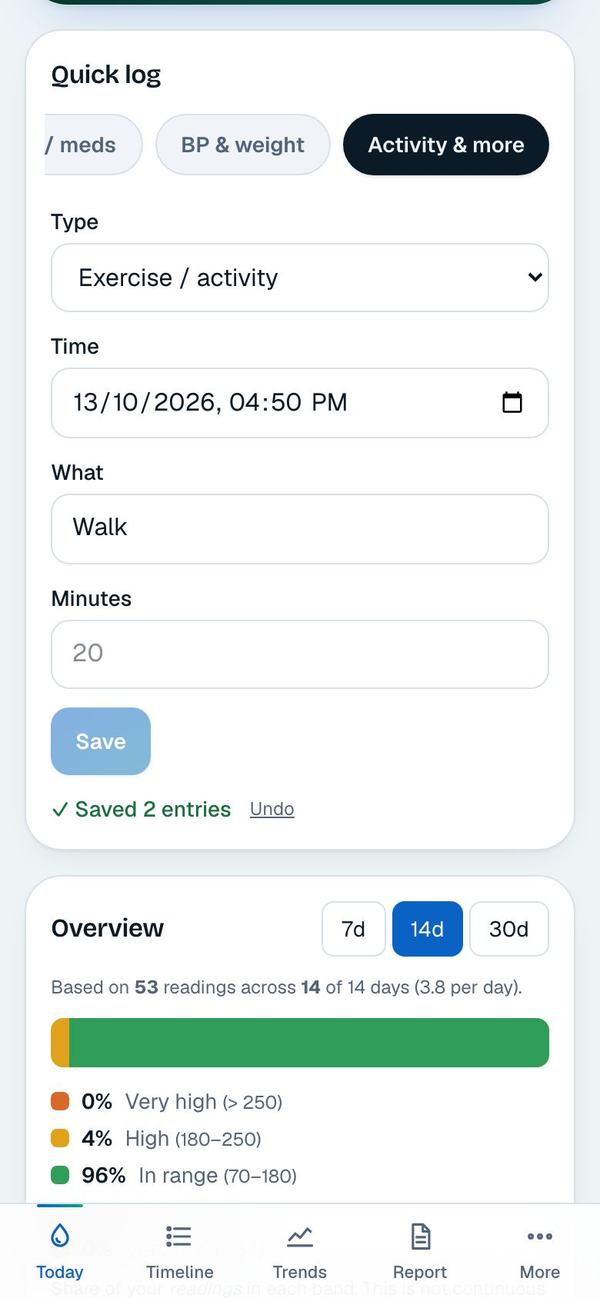 The Activity & more tab with exercise, a walk of 20 minutes