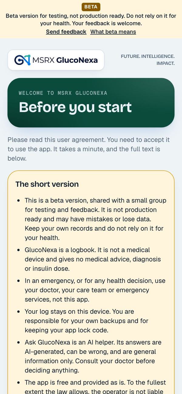 The user agreement screen with the short version in a highlighted box
