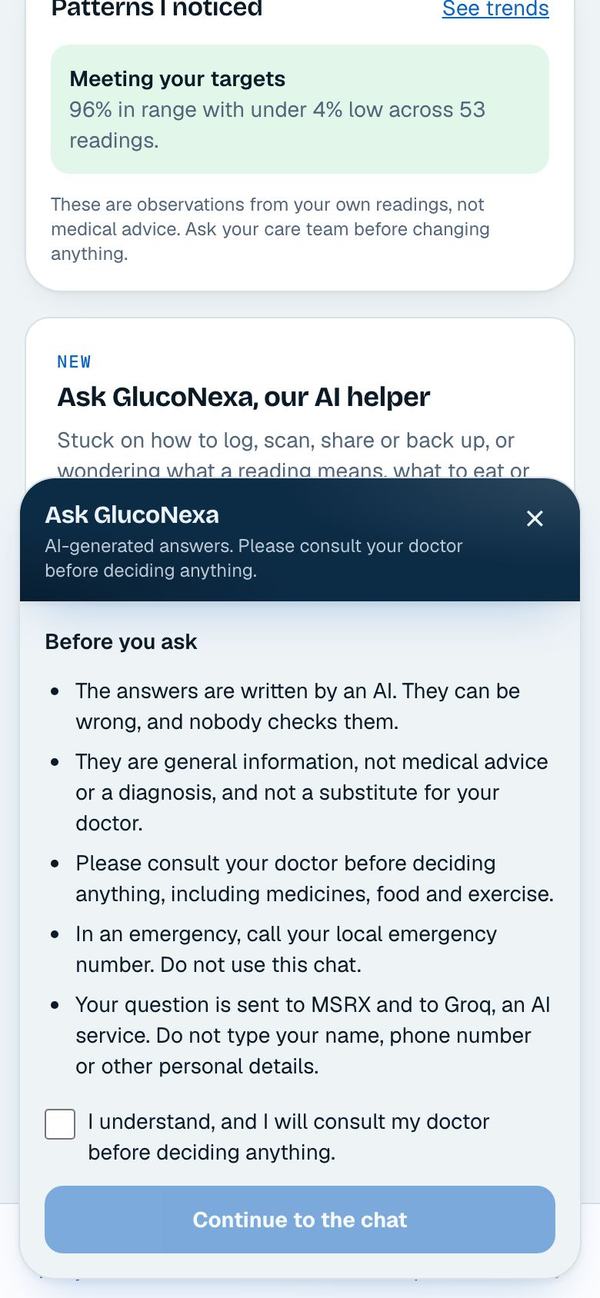 The Ask GlucoNexa notice shown before the first question