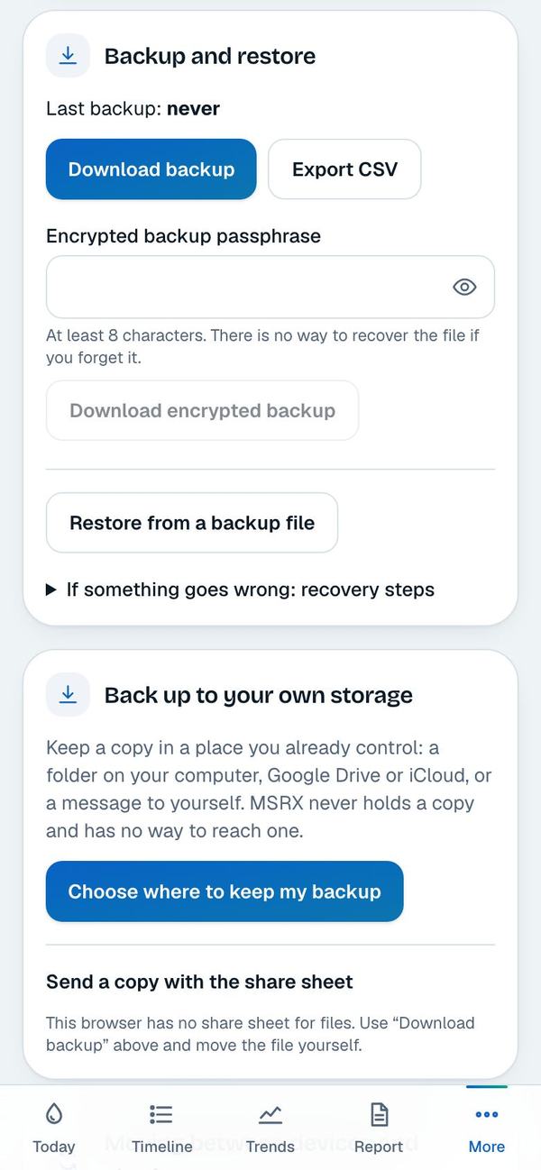 The Backup and restore card with Download backup and encrypted backup