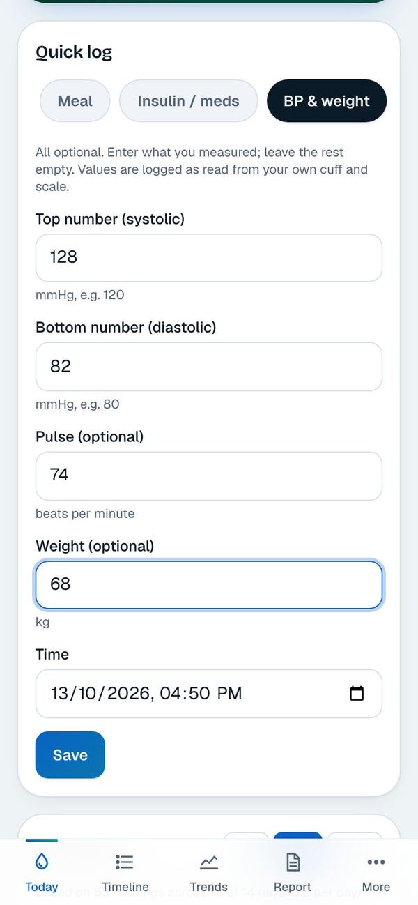 The BP & weight tab with 128 over 82, pulse 74 and weight 68