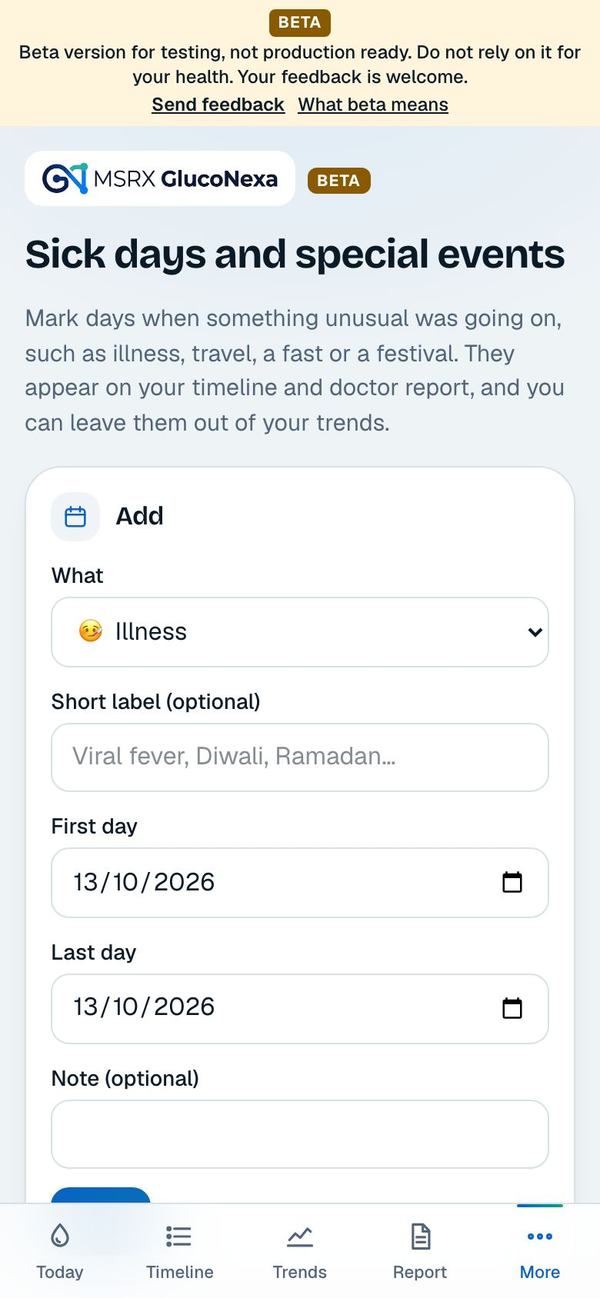 The events form with illness selected