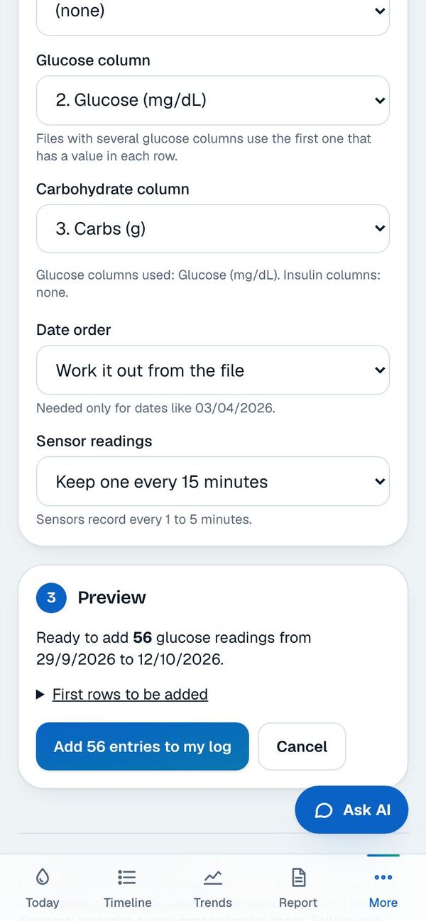 The import preview with the Add entries button