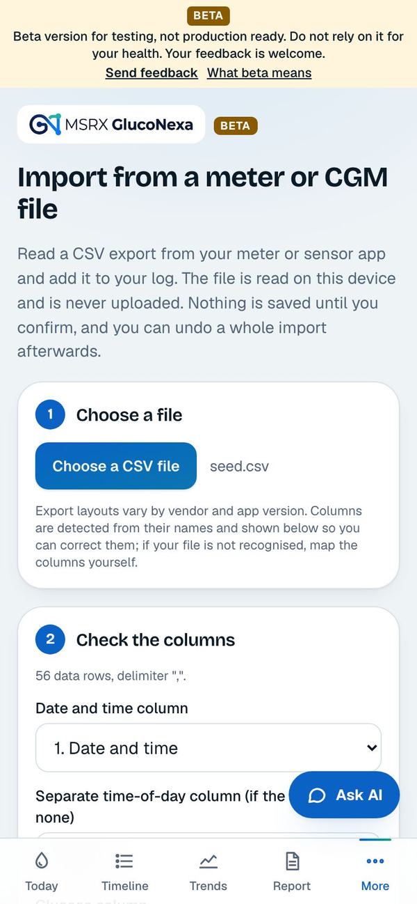 The import screen with a file chosen and the columns shown