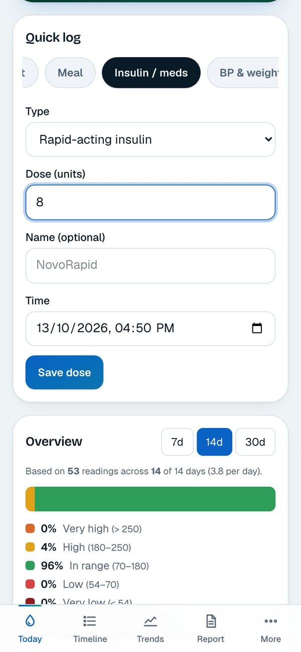 The Insulin / meds tab with rapid-acting insulin and a dose of 8 units