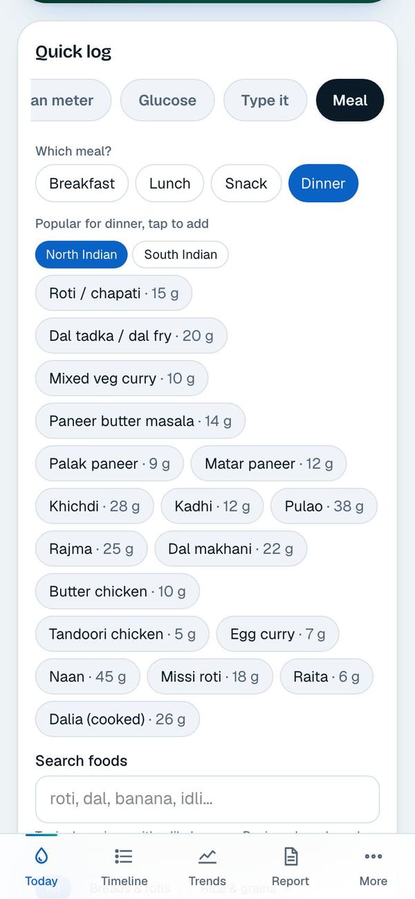 The Meal tab with meal choices and popular foods with their carbs