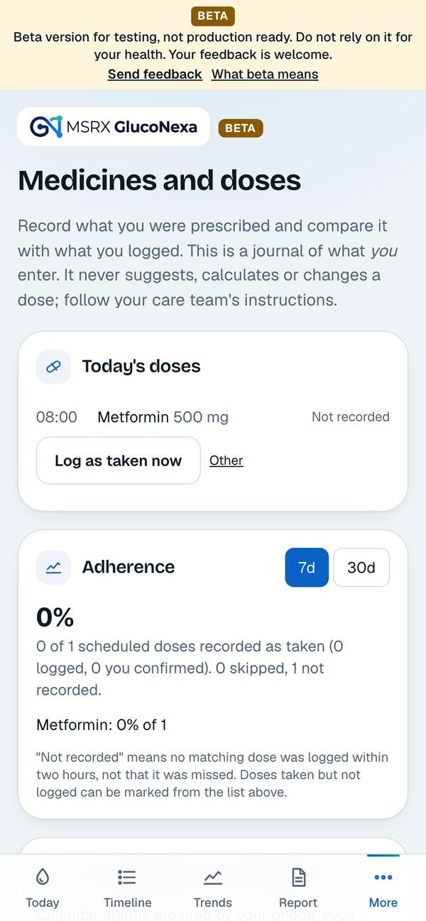 Today's doses with a Log as taken now button and the adherence card