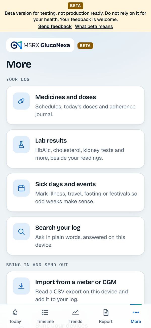 The More menu with medicines, lab results, events and search