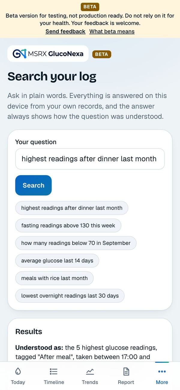 The search screen with a question and example chips