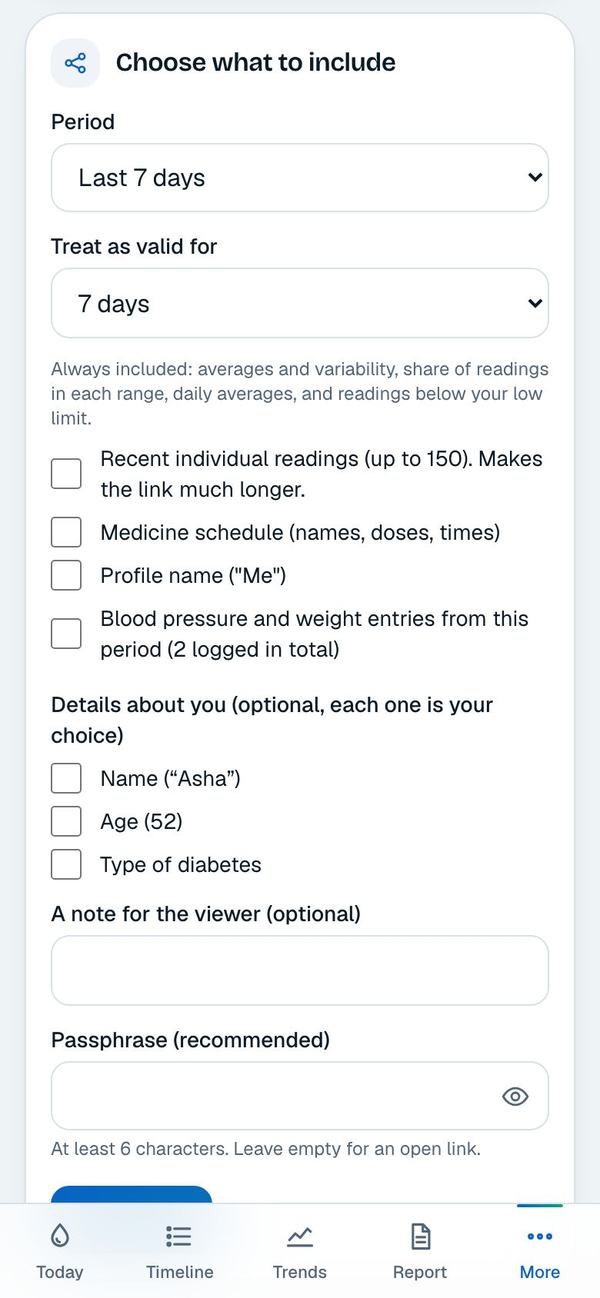 The snapshot sharing options with period and passphrase